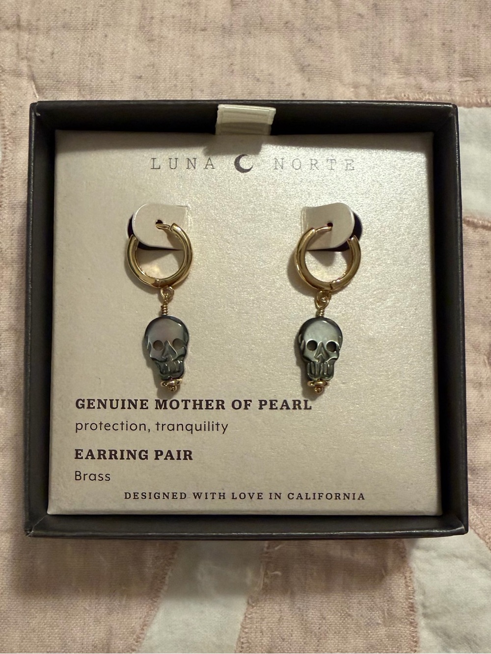 NWT - Luna Norte Mother of Pearl Skull Huggie Hoop Earrings